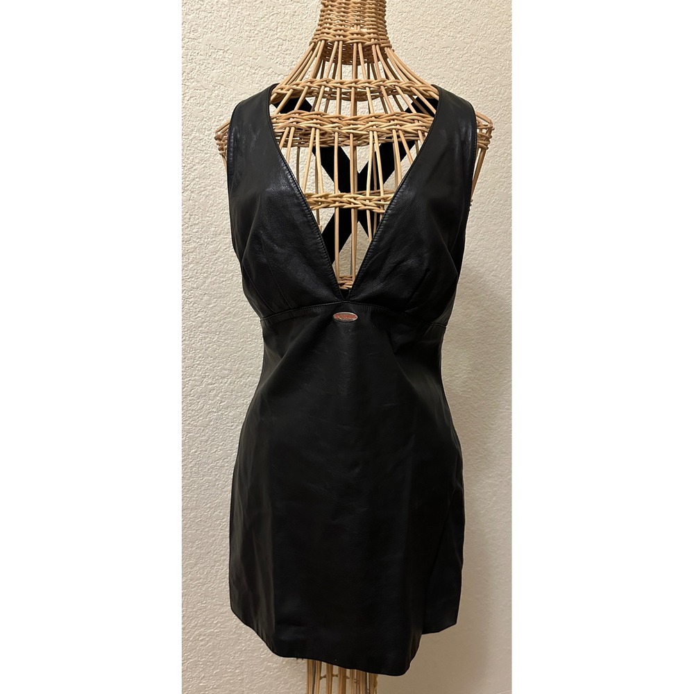 Harley Davidson Black Leather Mini Dress V-Neck Criss Cross Back Biker Chic